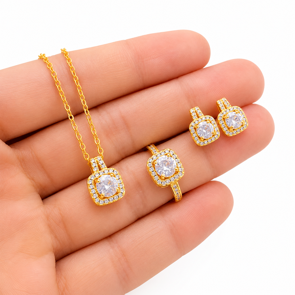 Conjunto de joias de moda com colar tipo choker em corrente com pendente de zircónia, brincos e anel marcante.