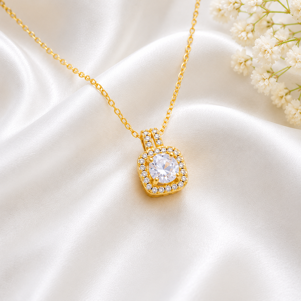 Conjunto de joias de moda com colar tipo choker em corrente com pendente de zircónia, brincos e anel marcante.