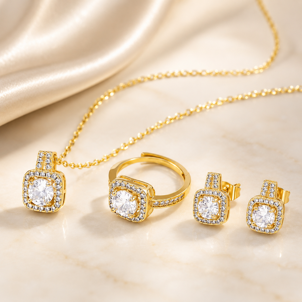 Conjunto de joias de moda com colar tipo choker em corrente com pendente de zircónia, brincos e anel marcante.